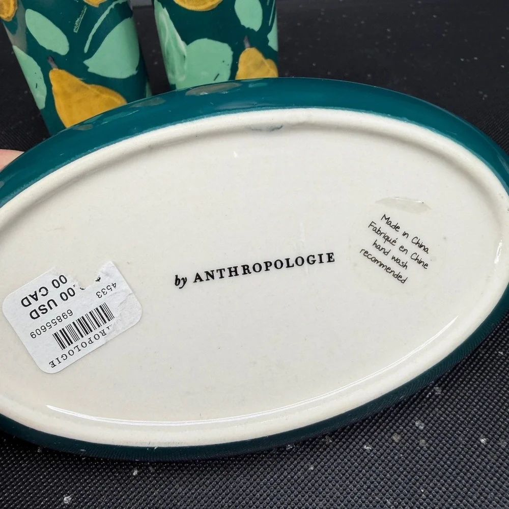 Anthropologie Pear Salt and Pepper Shakers with Tray Teal Green Yellow‎ Ceramic